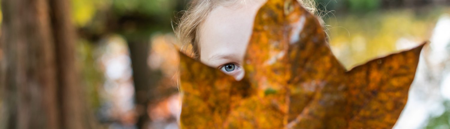 Groot herfstblad met meisje erachter